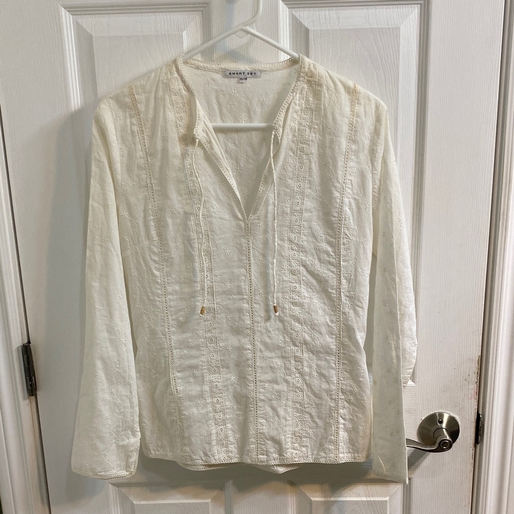 Smart Set Cream Starfish Embroidered Cotton Tunic V Neck Women’s Medium Summer